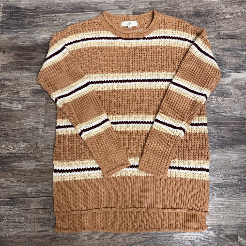 NWOT Pinque Brown Tan White Striped Knit Pullover Sweater Size M